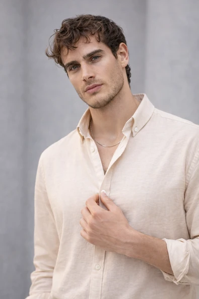 Scott – Soft Dokulu Yarım Oversize Modern Keten Görünümlü Erkek Gömlek - Bej ürün görseli 1