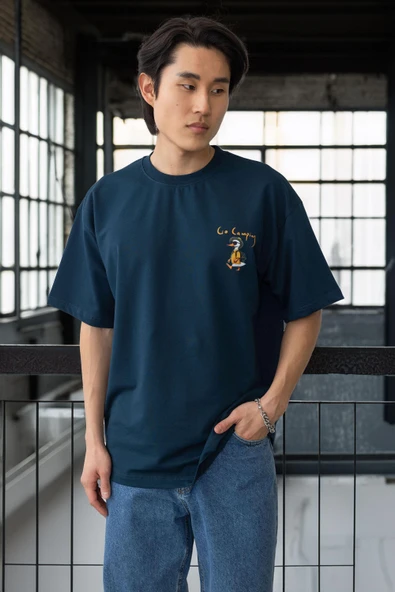 Cep Baskılı İki İplik Kumaş Pamuklu Oversize Erkek T-Shirt - Prusya Mavisi ürün görseli 1