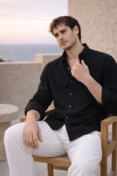 Scott – Soft Dokulu Yarım Oversize Modern Keten Görünümlü Erkek Gömlek - Siyah ürün görseli 1