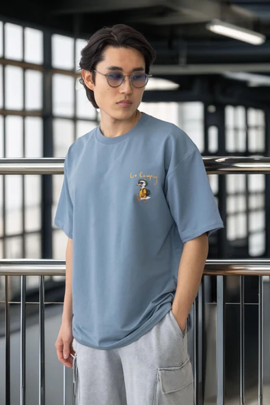 Cep Baskılı İki İplik Kumaş Pamuklu Oversize Erkek T-Shirt - Soğuk Mavi ürün görseli 1