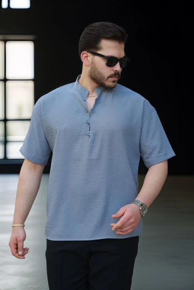 Oversize Yarım Pat Bambu Kısa kol Gömlek - Soğuk Mavi ürün görseli 1