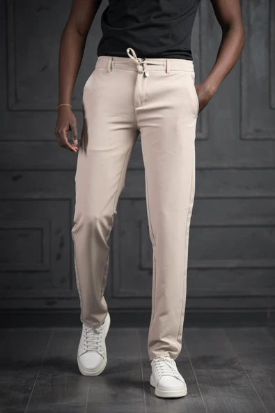Beli Lastikli Ve İplikli Likralı Slimfit Yazlık Kumaş Jogger Pantolon ürün görseli 1