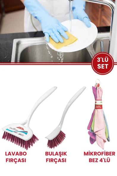 Flora 3’lü Temizlik Seti, F367 Bulaşık Fırçası + F388 Lavabo Küvet Fırçası + F222 Mikrofiber Bez Seti ürün görseli 1