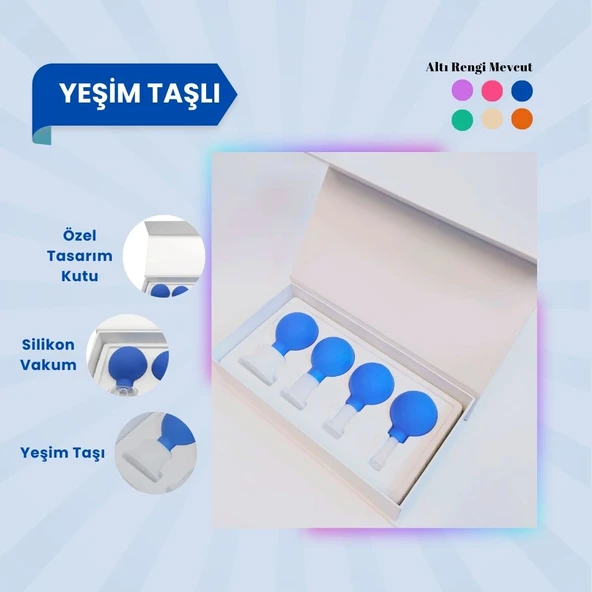 Silikon Vakumlu Yeşim Taşlı Yüz Masaj Kupası 4'lü Set (Jade) Mavi ürün görseli 1