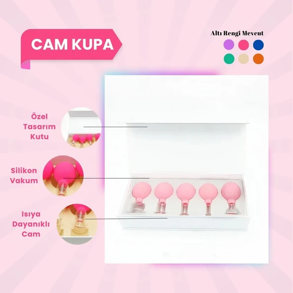 Silikon Vakumlu Cam Yüz Masaj Kupası 5'li Set Pembe ürün görseli 1