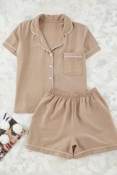 Büyük Beden Kısa Kollu Dokuma Gömlek Pijama Takımı- Geniş Beden Aralığı - ürün görseli 1
