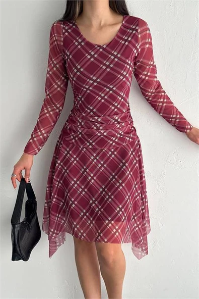 Dipmoda kadın mini boy desenli asimetrik tül elbise DPK4162 ürün görseli 1