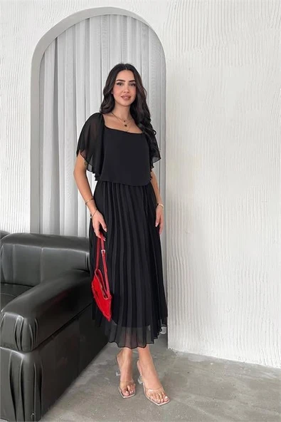 Dipmoda kadın siyah pileli midi boy şifon elbise DPK4102 ürün görseli 1