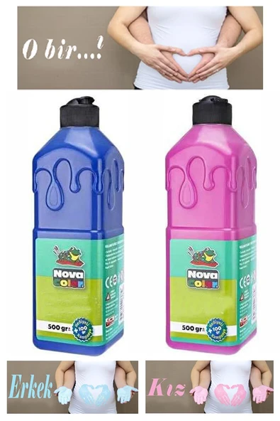 Mavi Pembe Cinsiyet Belirleme Parmak Boyası 1 Adet 500 ml Kız Cinsiyet Açıklama Boyası Yıkanabilir Nova Color Zararsız ürün görseli 1