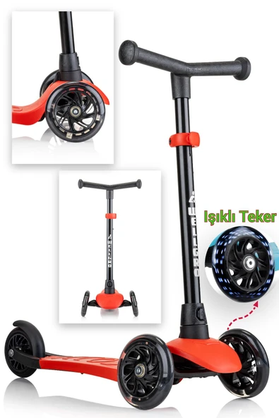 Wellgro Işıklı 3 Tekerli Yükseklik Ayarlı Scooter, Kırmızı ürün görseli 1