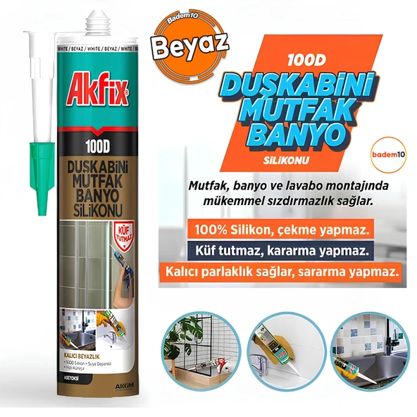 Akfix 100D Beyaz Duşakabin Lavabo Küvet Pvc Plastik Silikon Silikonu Mutfak Küf Tutmaz 280 mL ürün görseli 1