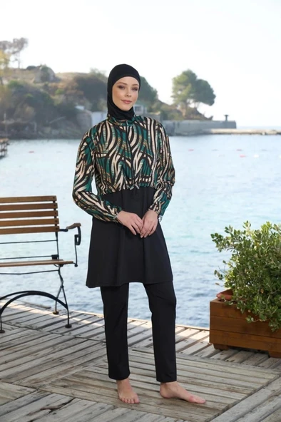Estiva 25972 Croplu Bel Büzgülü Dijital Desen Tam Kapalı Tesettür Mayo ürün görseli 1
