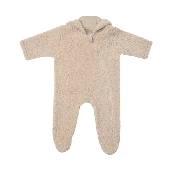Ayı Kulaklı Kapüşonlu Peluş Tulum-Bej ürün görseli 1