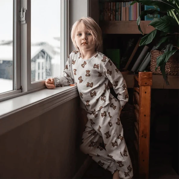 Minik Ayılar Uzun Kollu Pijama Takımı-Bej ürün görseli 1