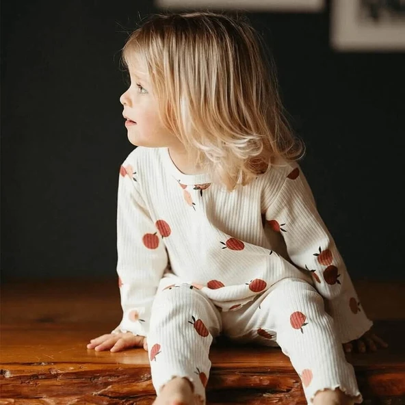 Elma Aşkı Uzun Kollu Taytlı Bebek Set-Bej ürün görseli 1