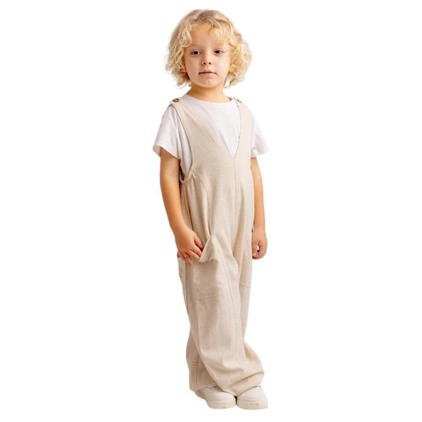 Unisex V Yaka Paça Lastikli Keten Salopet Naturel ürün görseli 1