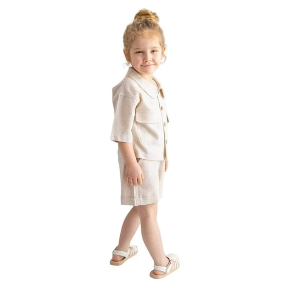 Keten Beli Lastikli Bağcıklı Cepli Unisex Şort-Naturel ürün görseli 1