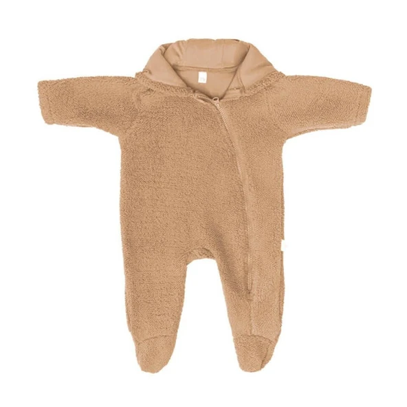 Ayı Kulaklı Kapüşonlu Peluş Tulum-Karamel ürün görseli 1