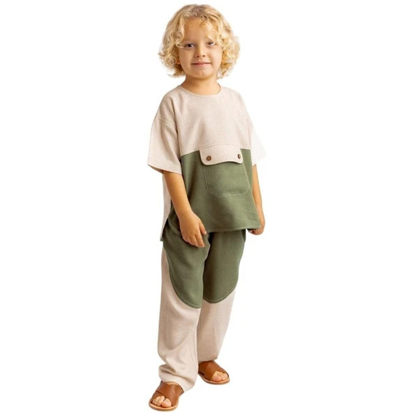Kontrast Dikişli Keten Pantolon-Haki-Unisex ürün görseli 1