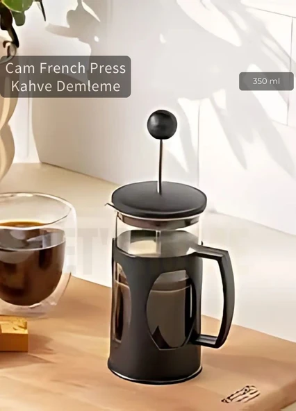 Cam French Press Kahve Demleme Paslanmaz İç Yapı Siyah 350 ml ürün görseli 1