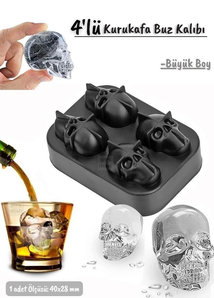 4’lü Kuru Kafa Buz Kalıbı Silikon Kurukafa Çikolata Kalıbı Siyah 40X28 mm ürün görseli 1