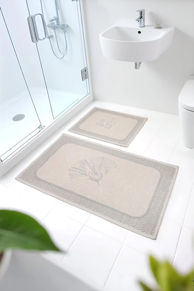 Naturel Pamuklu Kilim Yıkanabilir Banyo Paspası 2'li Klozet Takımı 60x100-50x60cm Çiçekli ürün görseli 1