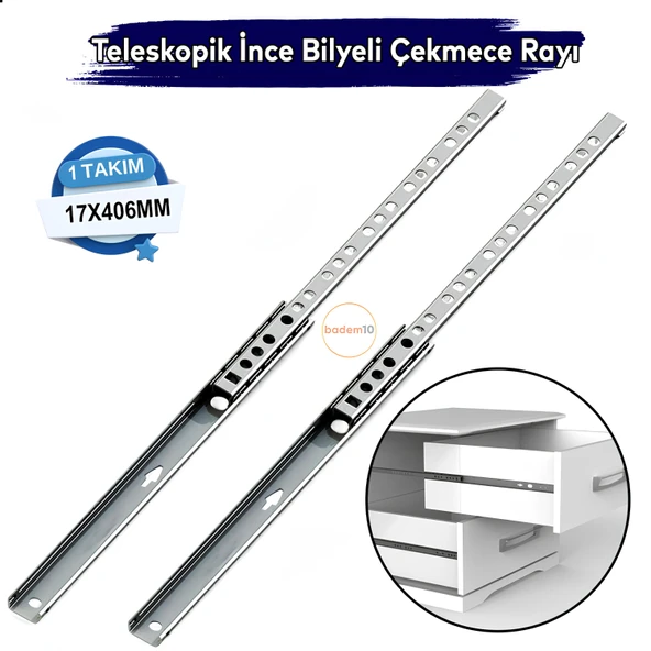 Teleskobik İnce Bilyeli Bilyalı Dolap Çekmece Rayı Sürgüsü Metal En 1.7 cm 17 mm Uzunluk 40,6 cm 406 ürün görseli 1