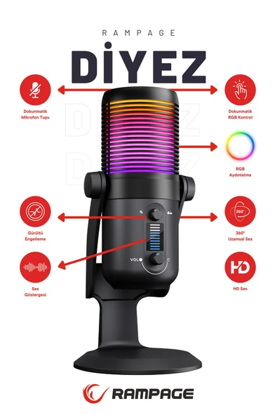 Diyez Siyah Rgb Ses Gösterge Mikrofon Oyuncu Mikrofonu Yayıncı Mikrofonu Youtuber Mikrofonu ürün görseli 1