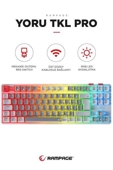 Yoru Tkl Pro Gri/Beyaz WİFİ+Bluetooth Klavye  Red Swich Q Mekanik Klavye Gaming Oyuncu Klavye ürün görseli 1