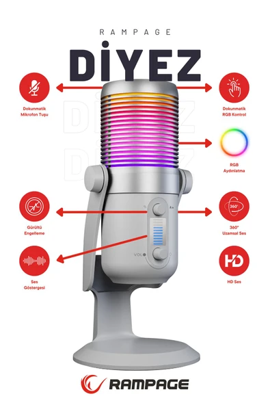 Diyez Beyaz Rgb Ses Gösterge Mikrofon Oyuncu Mikrofonu Yayıncı Mikrofonu Youtuber Mikrofonu ürün görseli 1