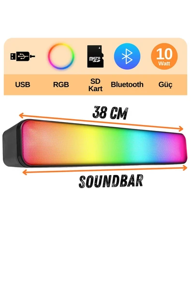 Md-sbt25 Siyah Rgb Oyuncu Speaker Soundbar Sese Duyar 10wmicrosd Taşınır Bluetooth Hoparlör Speaker ürün görseli 1