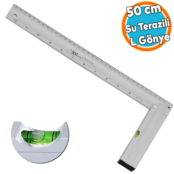 Su Terazili Alüminyum L Gönye Cetvel Ölçme Ölçüm Kaynak Kaynakçı Marangoz Gönyesi 500 mm 50 cm ürün görseli 1
