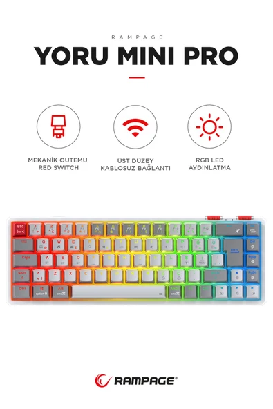 Yoru MİNİ Pro Gri/Beyaz WİFİ+Bluetooth Klavye  Red Swich Q Mekanik Klavye Gaming Oyuncu Klavye ürün görseli 1