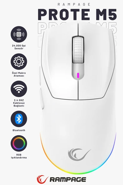 Prote M5 Bluetooth-kablosuz-kablolu Rgb Şarjlı 24000 Dpı 3311 Hafif Gaming Mouse Oyuncu Mouse Beyaz ürün görseli 1