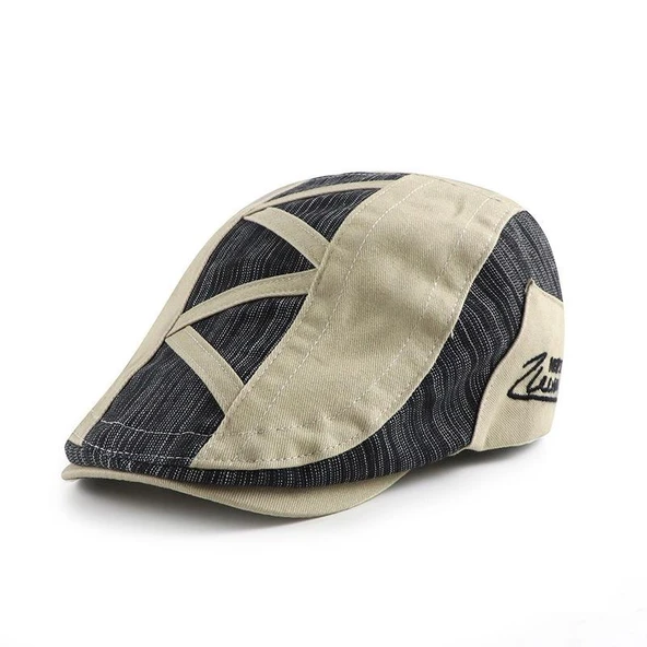 Valkyrie İtalyan Style Retro Zigzag Çizgi Detaylı Erkek Kasket Şapka Tokalı Ayarlanabilir Erkek Krem ürün görseli 1