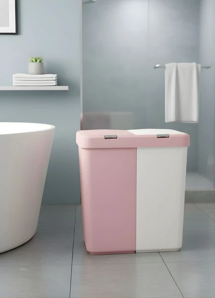 Çamaşır Sepeti İki Bölmeli Kirli Sepeti Pembe-Beyaz 80 Litre ürün görseli 1