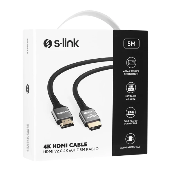 S-LINK SLX-HD4K05 19+1 HDMI to HDMI 5m Metal v2.0 4K (4096*2160) 60Hz Kablo ürün görseli 1