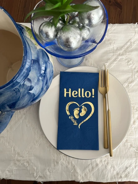 Gold Yaldızlı Bodrum Mavisi hello Baby Ayaklı Peçete 16 Adet ürün görseli 1