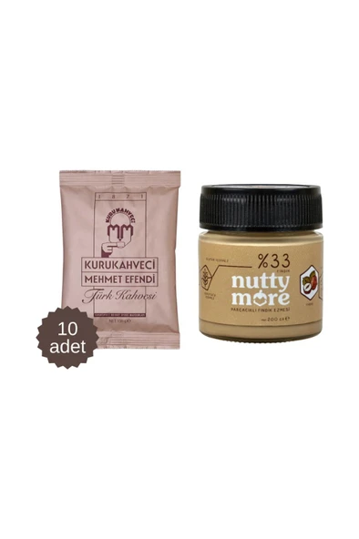 Mehmet Efendi Türk Kahvesi 100 gr x 10 Adet & Nutty More %33 Fındık Parçacıklı Fındık Ezmesi 200 gr ürün görseli 1