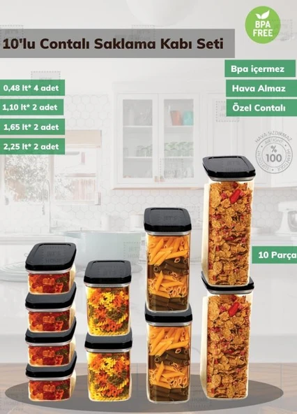 10’lu Saklama Kabı Seti BPA Free Bakliyat Kabı Hava Almaz Sızdırmaz Erzak Kabı ürün görseli 1