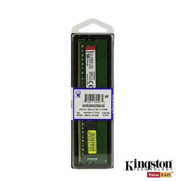 Kingston 32GB 3200MHz DDR4 Non-ECC CL22 KVR32N22D8/32 Dekstop PC Ram Bellek ürün görseli 1
