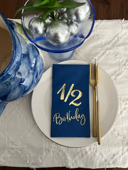 Gold Yaldızlı Bodrum Mavisi Yarım Yaş Bırthday Garson Katlama Peçete 16 Adet ürün görseli 1