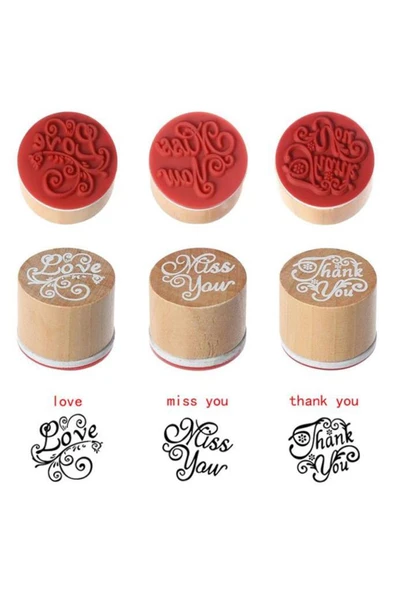 Ahşap Damga 3’lü Mühür Set Love - Miss You - Thank You Temalı ürün görseli 1