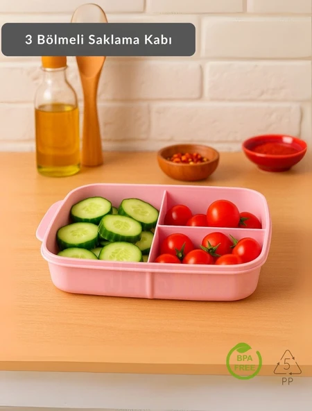 3 Bölmeli Saklama Kabı Bpa Free Beslenme Kabı Hava Almaz Kab Pembe 1500 ml ürün görseli 1