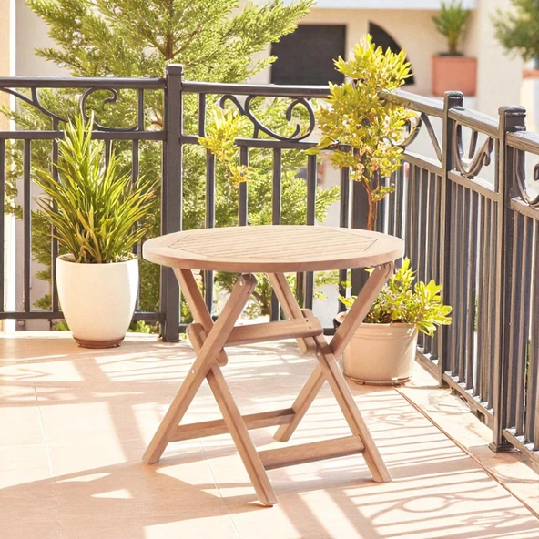 ReHome Truva 80x75 cm İroko Katlanabilir Yuvarlak Bahçe Balkon Mutfak Teras Masası ürün görseli 1
