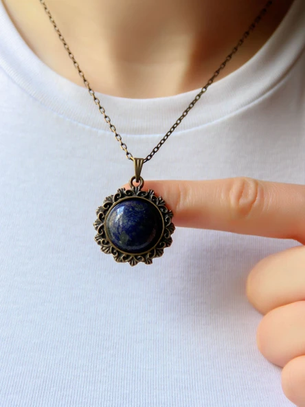 Doğal Taş Lapis Doğal Taşlı Desenli Otantik Kadın Kolye 45 Cm Zincirli euk28lps ürün görseli 1