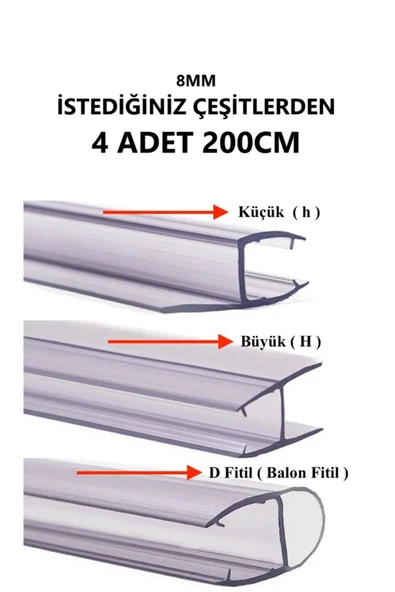 BABAWİCK  Cam Balkon 8 Mm Şeffaf Fitil Istediğiniz Çeşitten 4 Adet Büyük H, Küçük H, D Fitil Max 200cm ürün görseli 1
