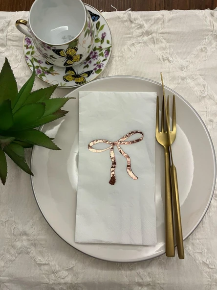 Rose Gold Yaldızlı Beyaz Fiyonk Baskılı Garson Katlama Peçete 16 Adet ürün görseli 1