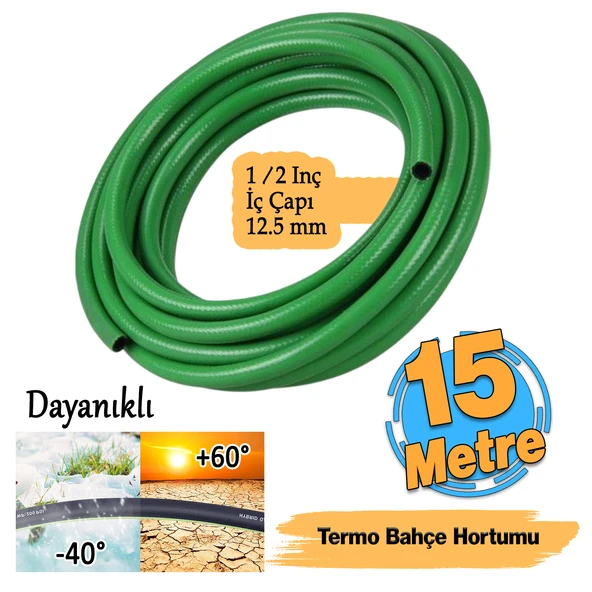 Termo Bahçe Hortumu 15 Metre Dayanıklı 3 Katlı Sağlam Çeşme Su Sulama Yıkama Hortum 12.5 mm 1/2" ürün görseli 1