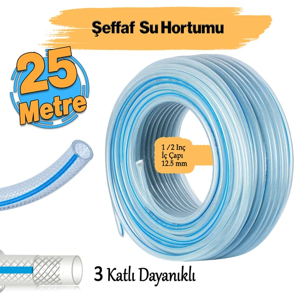 Örgülü Şeffaf Bahçe Hortumu 25 Metre Dayanıklı 3 Katlı Sağlam Çeşme Su Sulama Yıkama Hortum 12.5 mm 1/2" ürün görseli 1